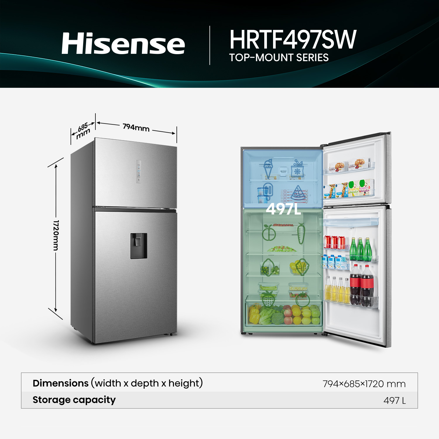 496L Silver Top Mount Fridge 496L Silver Top Mount Fridge