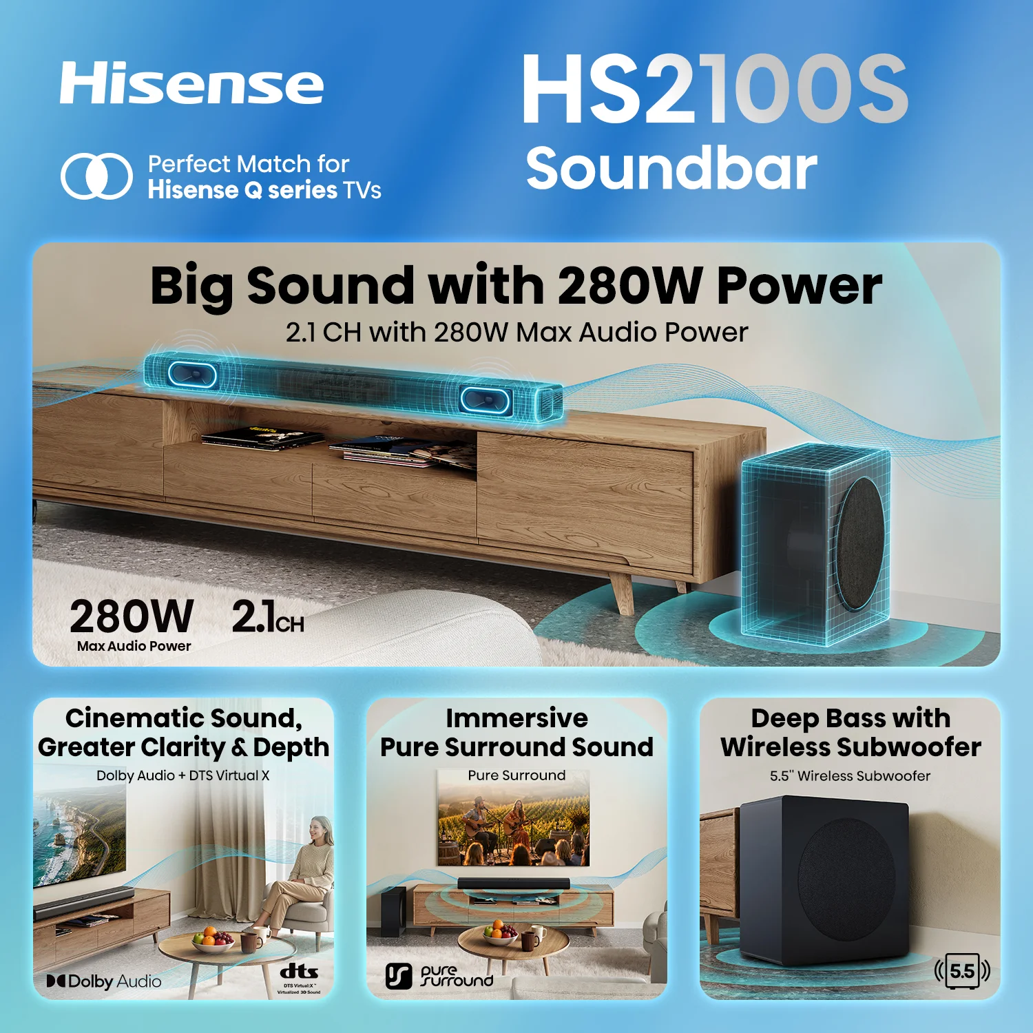 HS2100S 280W 2.1 CH Soundbar with Subwoofer HS2100S 280W 2.1 CH Soundbar with Subwoofer